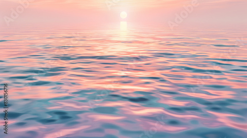A photographic style of a sky and sea environment  dawn sky with pastel colors and a rising sun over a tranquil sea. The water is calm with gentle ripples  and the light is soft and warm. The