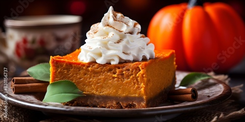 Thanksgiving Pumpkin Pie with Whipped Cream: A Classic Holiday Dessert. Concept Thanksgiving, Pumpkin Pie, Whipped Cream, Holiday Dessert, Classic Recipe photo