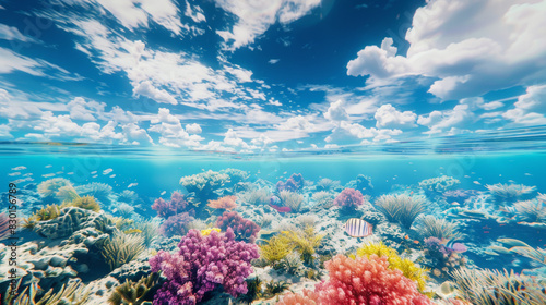 A photographic style of a sky and sea environment, midday sky with fluffy white clouds and deep blue background over a vibrant coral reef. The sea is crystal clear, showing colorful corals and fish