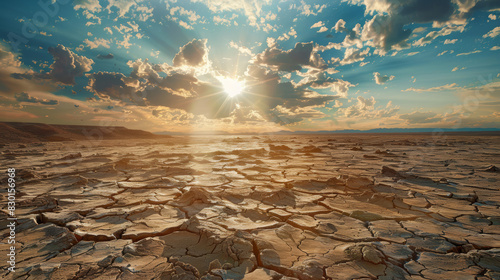 A photographic style of a desert environment, midday sun beating down on an arid landscape, with cracked earth and scattered rocks. The heat creates visible mirages on the horizon. Harsh shadows and photo