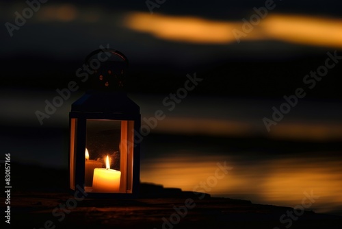 Close-up of illuminated lantern glowing at dusk - warmth - illumination - peaceful night photo