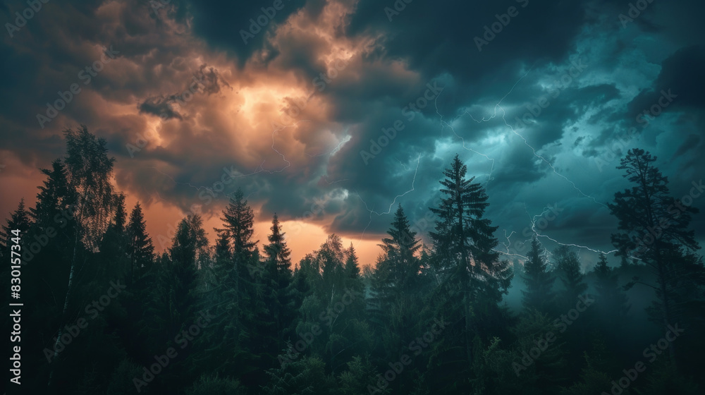 A photographic style of a stormy sky environment, twilight sky with dark thunderclouds and occasional lightning, over a dense forest. The trees are silhouetted against the stormy sky. A sense of