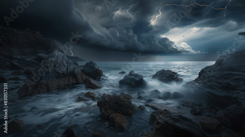 A photographic style of a stormy sky environment  dark storm clouds over a coastal landscape  with a raging sea below. The waves crash violently against the rocks. Lightning illuminates the scene