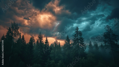 A photographic style of a stormy sky environment, twilight sky with dark thunderclouds and occasional lightning, over a dense forest. The trees are silhouetted against the stormy sky. A sense of © Yanopas