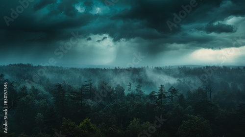 A photographic style of a sky environment  stormy sky with dark  dramatic clouds and lightning bolts  over a dense forest. The forest is barely visible through the rain. High tension atmosphere.