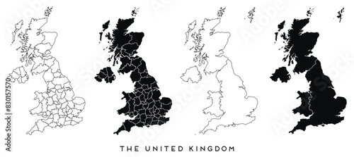The United Kingdom map of city regions districts vector black on white and outline