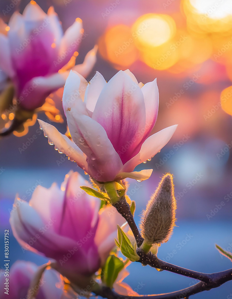 Fototapeta premium Fotografia ravvicinata di fiori di magnolia in piena fioritura, con colori magici e fantasiosi.