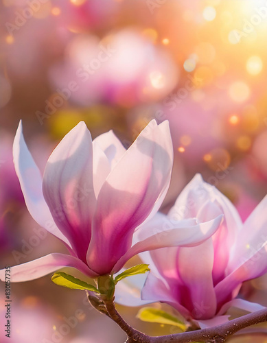 Fotografia ravvicinata di fiori di magnolia in piena fioritura  con colori magici e fantasiosi.