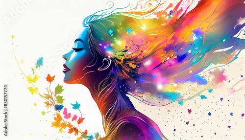 woman girl in meditation with hair silhouette watercolor made of color splash love. Composed of human profile and colorful lines. 