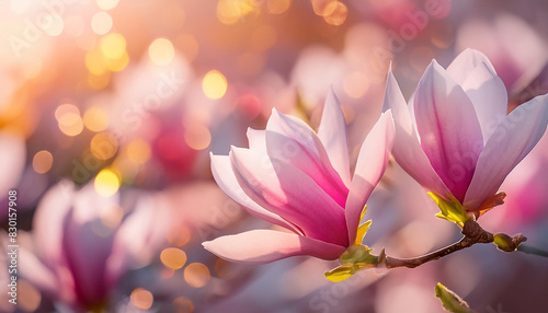 Fotografia ravvicinata di fiori di magnolia in piena fioritura, con colori magici e fantasiosi. photo