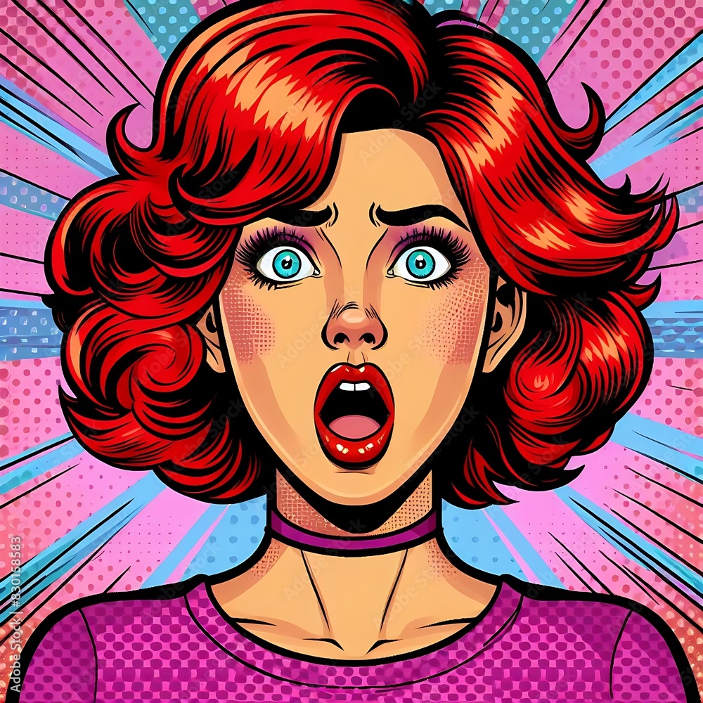 A stylized illustration of a person with vibrant red hair and a purple top, set against a pop art background with halftone dots and bold lines