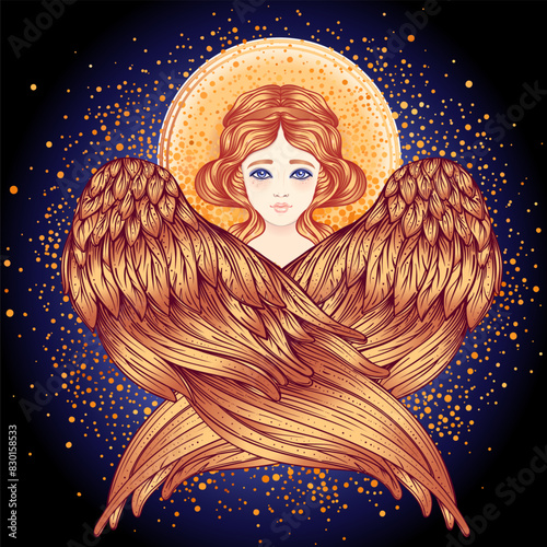 Sirin, Alkonost, Gamayun mythological creature of Russian legends. Angel girl with wings. Isolated hand drawn vector illustration. Trendy Vintage style element. Spirituality, occultism, alchemy, magic photo