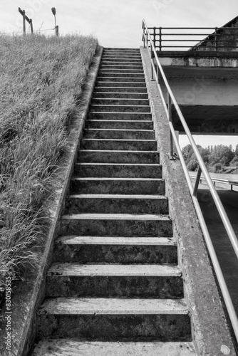 Vertical black and white photo of a concrete outdoor staircase with a handrail that goes to the top. With grass next to it.