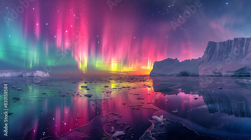 breathtaking image of Aurora Australis or Southern Lights illuminating night sky vibrant color above icy wilderness of Antarctica celestial display mirrored icy water below captivates observer etherea
