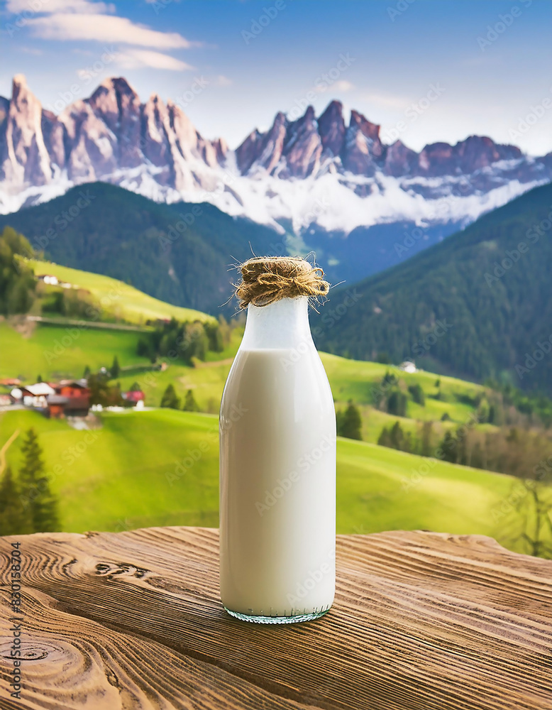 Fotografia di una bottiglia di latte fresco su un tavolo di legno, con colline alpine sullo sfondo. Concetto di fattoria eco-sostenibile. Fotografia di una bottiglia di latte fresco su un tavolo di legno, con colline alpine sullo sfondo. Concetto di fattoria eco-sostenibile.