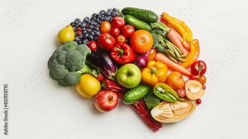 Plant-Based Healthy Eating  Human Brain Made of Fruits and Vegetables  High Fibre  Nutrition and Brain Health  Food and Cognition  Mood  Healthy Lifestyle Concept  On White Background  Generative AI.