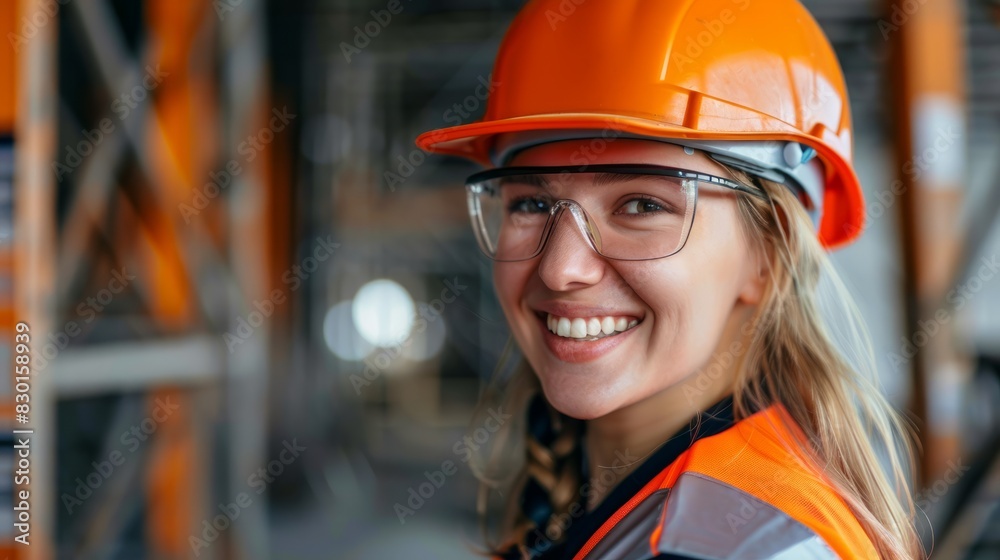 portrait of smiling female engineer on site wearing hard hat, high vis vest, and ppe portrait of smiling female engineer on site wearing hard hat, high vis vest, and ppe