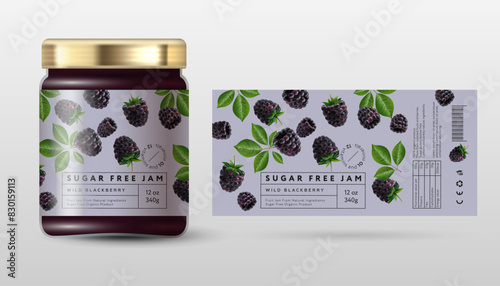 Blackberry or Dewberry jam. Jam for a healthy diet sugar free. Ripe berries and frames with text on a light background.