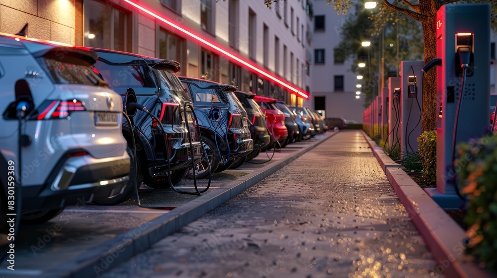 Public parking along the street with charging points for electric vehicles. Public parking along the street with charging points for electric vehicles.