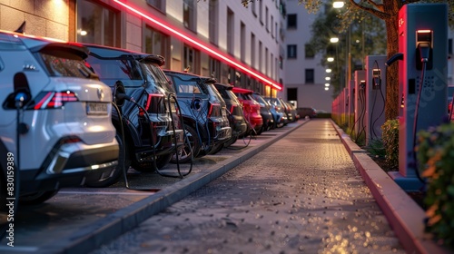Public parking along the street with charging points for electric vehicles. © Johannes