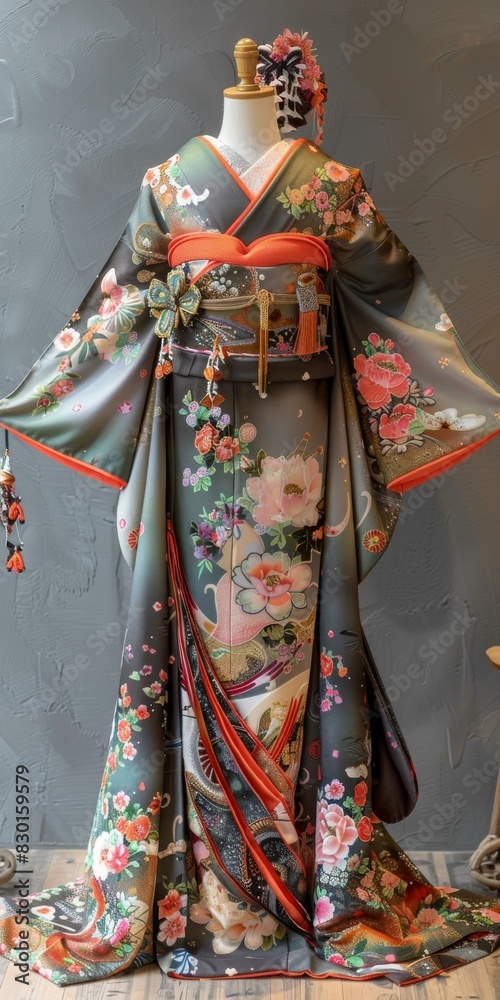 A kimono with a floral pattern and a pink obi