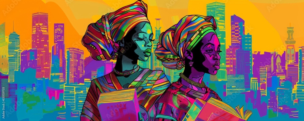 Obraz premium Urban Celebration pop Art with African Women. Colorful urban art celebrating Juneteenth, featuring two African women in traditional attire against a vibrant cityscape backdrop. Black History