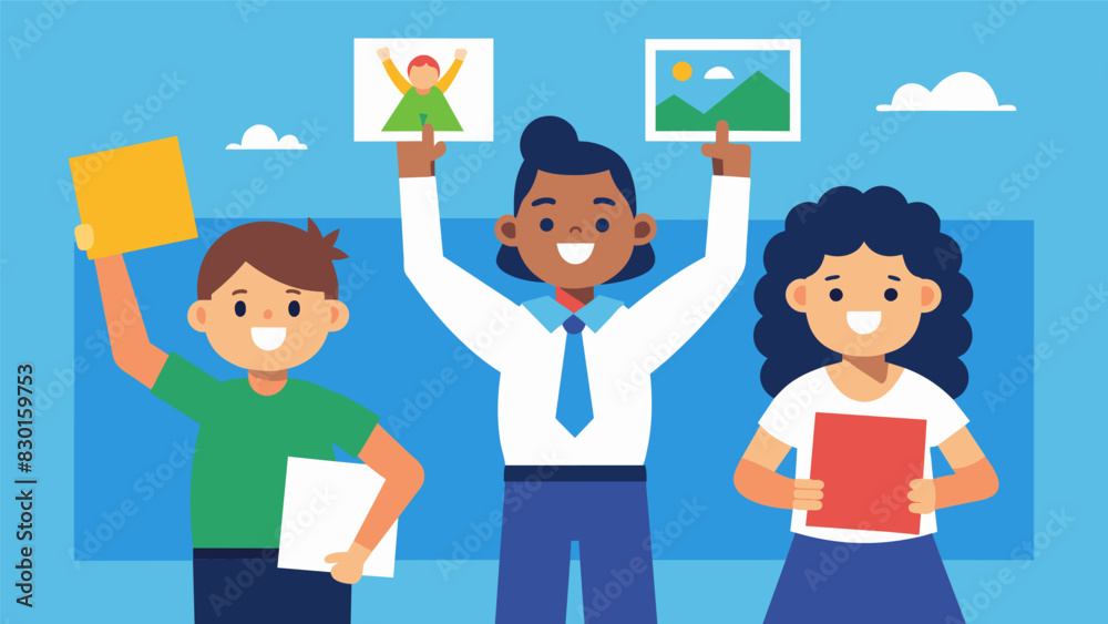 A student holds up their artwork to proudly show their parents the progress they have made in their art class.. Vector illustration A student holds up their artwork to proudly show their parents the progress they have made in their art class.. Vector illustration