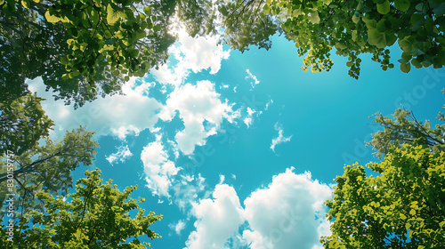 Lush green trees set against a vibrant blue sky with white clouds drifting on a clear day.