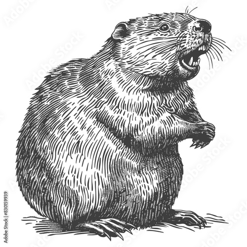 beaver animal full with old engraving sketch style