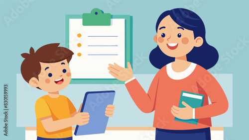 A parent smiles proudly as their child presents their writing portfolio during a studentled conference showcasing their improvement in writing skills.. Vector illustration