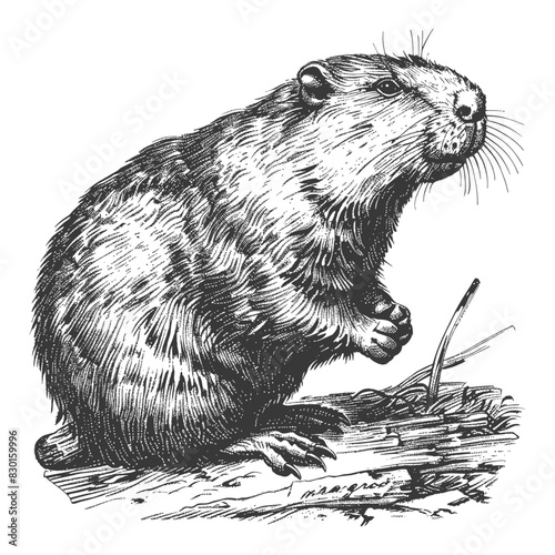 beaver animal full with old engraving sketch style