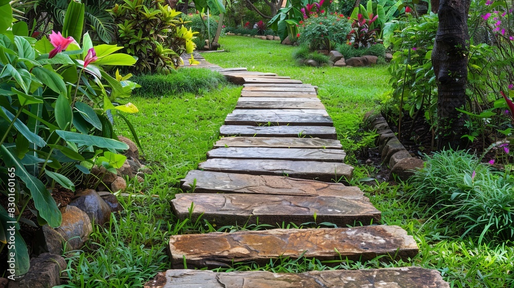 Stone path with green garden.