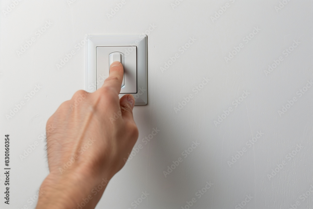 Close up of male finger is turn on or off on light switch Close up of male finger is turn on or off on light switch