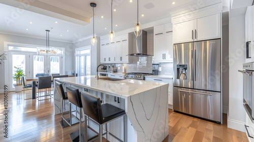 A modern kitchen with a large island and stainless steel appliances