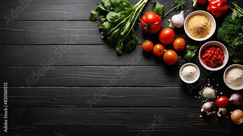 Ingredients for cooking On a black wooden background. Top view. Free space for your text.