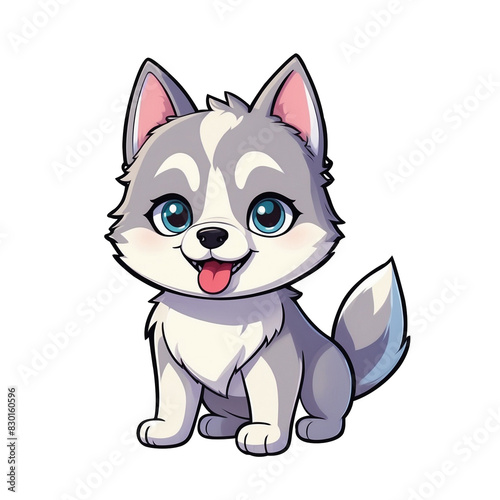 Cute Childish Kawaii Husky Dog Character Sticker with Bright Eyes, Fluffy Ears, and Mask-Like Markings, Sitting Playfully with Tongue Out, Thick Black Outline, Generative AI.