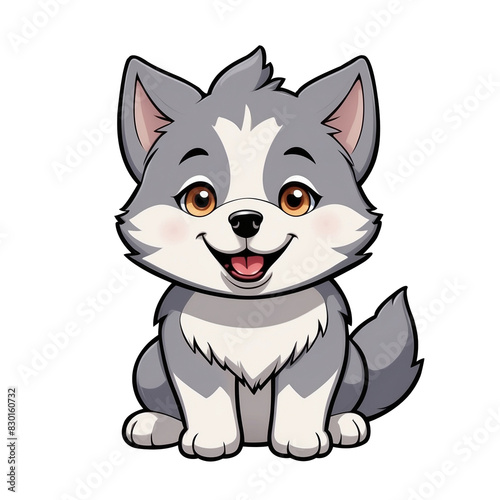 Cute Childish Kawaii Husky Dog Character Sticker with Bright Eyes, Fluffy Ears, and Mask-Like Markings, Sitting Playfully with Tongue Out, Thick Black Outline, Generative AI.