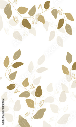 Card with pastel leaves branches and berries on white autumn background, for holiday, birthday, invitation, cute pattern, spring illustration, frame, greetings postcard, congratulations