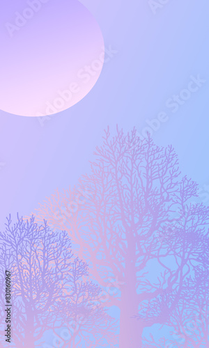 Night landscape, winter picture, 
sun and forest, trees, big moon, gradient background, holiday postcard, illustration nature 