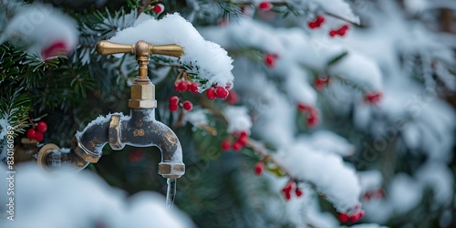 Protective Cover on Snow-Covered Outdoor Faucet Ensures Proper Winter Maintenance and Prevents Freezing. Concept Winter maintenance, Outdoor faucets, Protective cover, Freezing prevention photo