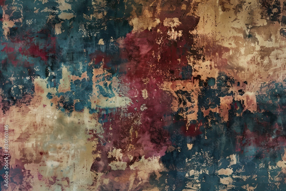 A colorful, textured background with a few red and blue spots