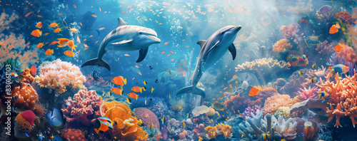 Illustration of dolphins swimming undersea in sunlight. photo