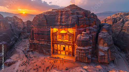 captivating image of Petra archaeological site Jordan ancient rockcut architecture iconic Treasury building illuminated golden light of dawn UNESCO World Heritage site carved into rosered cliff Nabata photo