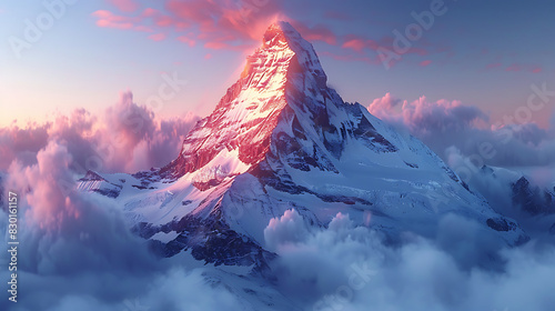 majestic image of Matterhorn mountain towering above Swiss Alps snowcapped peak illuminated soft glow of sunrise iconic mountain distinctive pyramid shape rugged beauty captivated mountaineer adventur photo