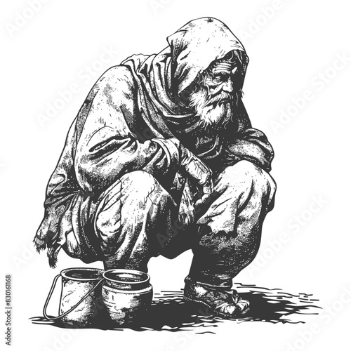 beggar full with old engraving sketch style