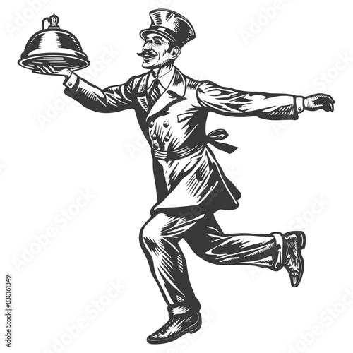 bellboy hotel in action full with engraving sketch style