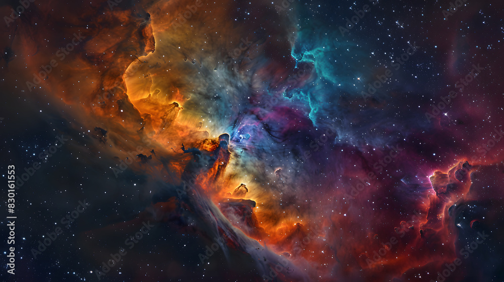 A colorful nebula with a bright orange cloud in the middle