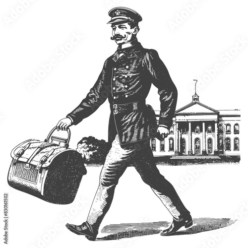 bellboy hotel in action full with old engraving sketch style