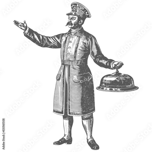 bellboy hotel in action full with old engraving sketch style