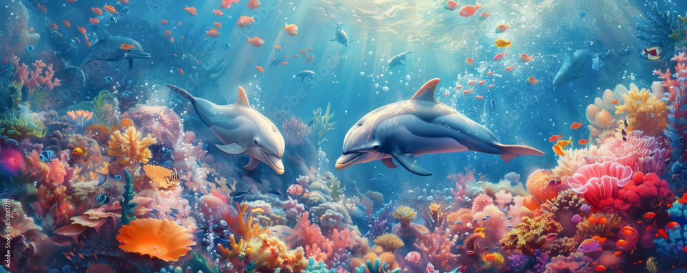 Fototapeta premium Illustration of dolphins swimming undersea in sunlight.
